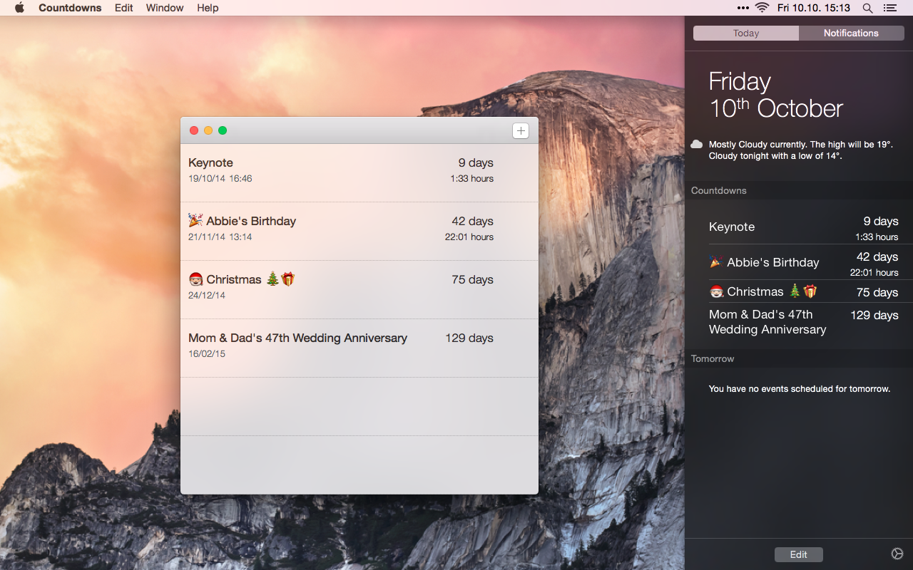 Screenshot of Countdowns App for Mac